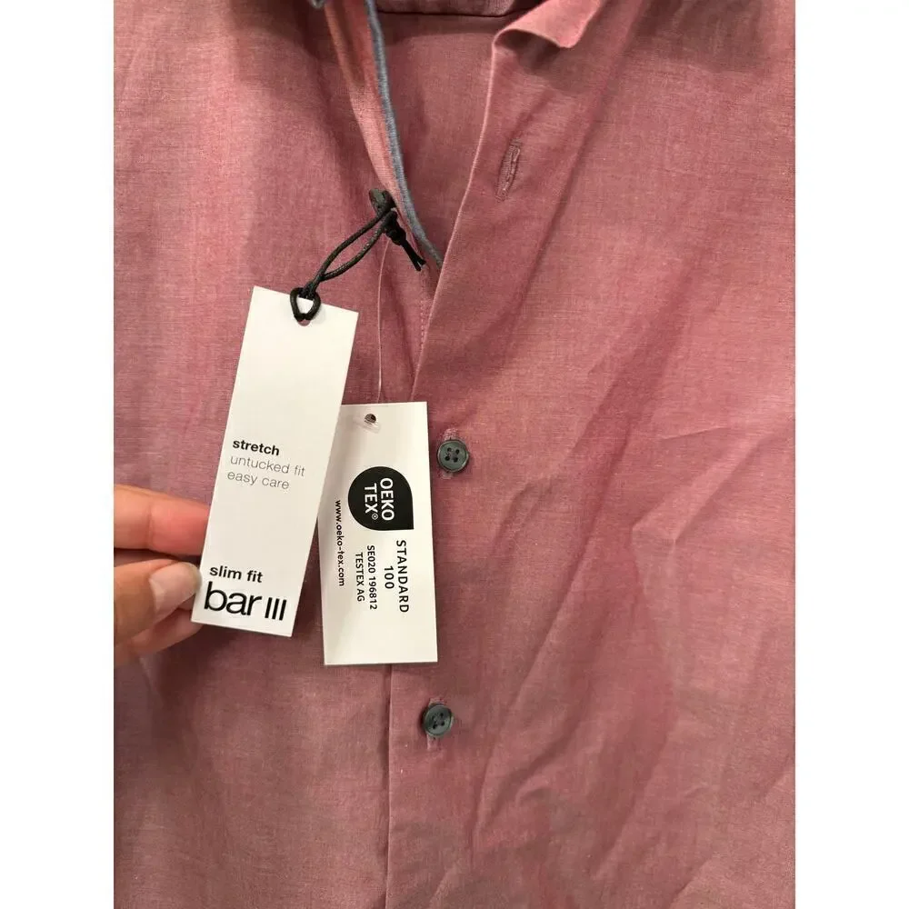 Bar III Men's NWT XL Pink Red Salmon Button Down Dress Shirt Slim fit Stretch